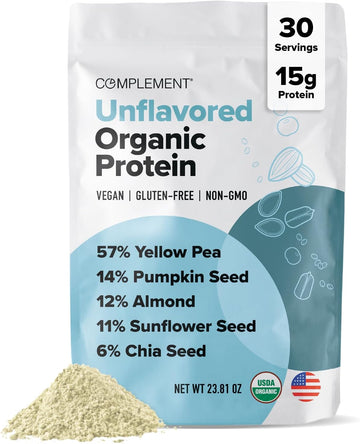 Complement Organic Vanilla Vegan Protein Powder (15 Servings) Low Carb, Low Calorie, Sugar Free, Soy Free, Non-Gmo, Gluten Free, Non Dairy- Yellow Pea, Pumpkin Seed- 15G Plant Based Protein Powder