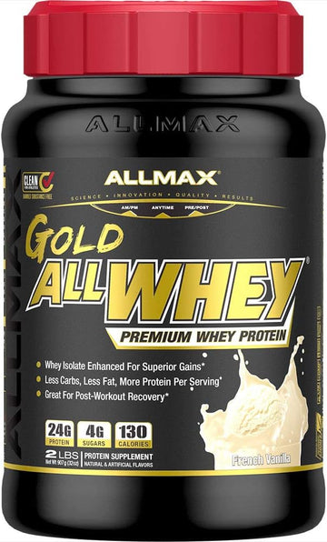 Allmax Gold Allwhey, Vanilla - 2 Lb - 24 Grams Of Protein Per Scoop - Gluten Free, Low Carb & Low Sugar - Approx. 30 Servings