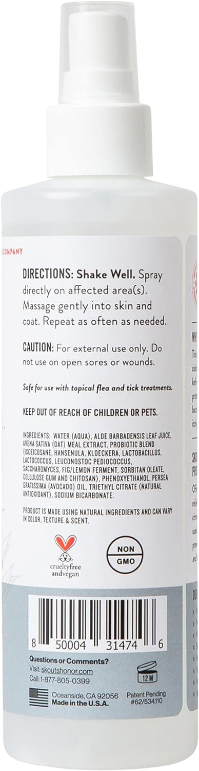 SKOUT'S HONOR: Probiotic Itch Relief Spray for Dogs & Cats - Anti-Itch Spray with Oatmeal - 8 fl oz - Soothes and Hydrates Itchy, Irritated Skin - Hypoallergenic - Non-Medicated - Long-Lasting Relief