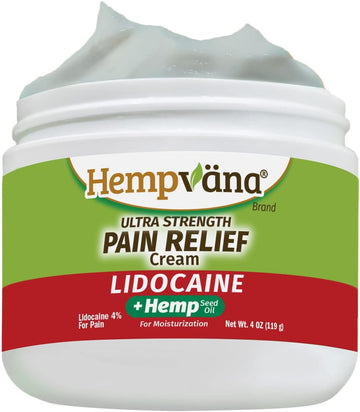Cream, Ultra Strength Lidocaine Relief of Sore Muscles, Achy Knees, and More. Odor-Free & Enriched with Hemp Seed Oil, 4-oz jar, White
