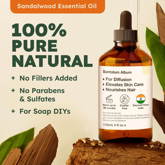 Kukka Sandalwood Essential Oils For Diffuser & Skin - 4 Fl Oz 100% Pure Natural Sandalwood Oil - Sandalwood Essential Oil For Skin Hair Massage & Perfume - Soap Making Scent & Diy