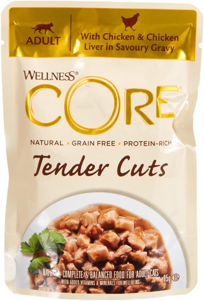 Wellness CORE Tender Cuts, Wet Cat Food, Cat Food Wet With Tender Pieces In Sauce, Grain Free, High Meat Content, Chicken & Chicken Liver, 24 X 85 G?10661