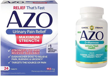 Azo Urinary Pain Relief Maximum Strength (24 Count) Fast Relief Of Uti Pain, Burning & Urgency + D Mannose Urinary Tract Health, Cleanse, Flush & Protect The Urinary Tract 120 Count