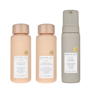 Kristin Ess Hair The One Signature Set - Lightly Clarifying Sulfate Free Shampoo, Hydrating Conditioner + Texturizing Sea Salt Air Dry Volumizing + Non Sticky Mousse For Wavy + Curly Hair (Pack Of 3)