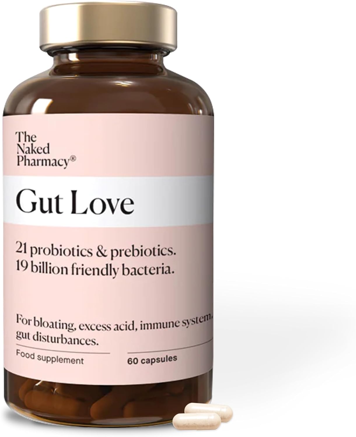 The Naked Pharmacy | Gut Love | Natural Probiotic & Prebiotic For Gut Health | High Strength | Digestive Supplements | Vegan | 60 Capsules