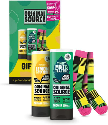 Original Source X Oddballs Gift, Set Mint & Tea Tree Shower Gel, Lemon & Tea Tree Shower Gel, Oddballs Socks, Gifts For Men, 100 Percent Natural Fragrance, Vegan, Cruelty Free