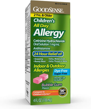 Goodsense Children'S All Day Allergy Relief, Cetirizine Hydrochloride Oral Solution 1 Mg/Ml, Bubble Gum Flavor, Dye Free, Sugar Free, 4 Fluid Ounce