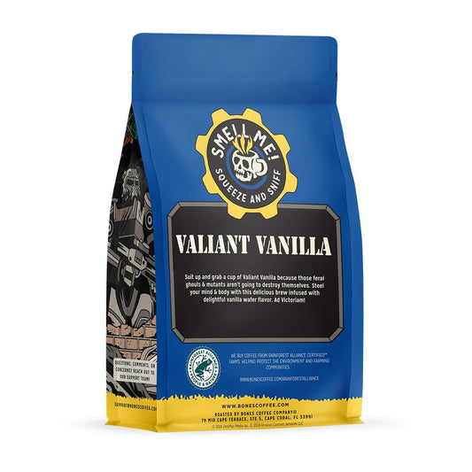 Bones Coffee Company Valiant Vanilla Flavored Ground Coffee Beans Vanilla Wafer Flavor | 12 oz Medium Roast Arabica Low Acid Coffee | Gourmet Coffee Inspired From Fallout Series (Ground)