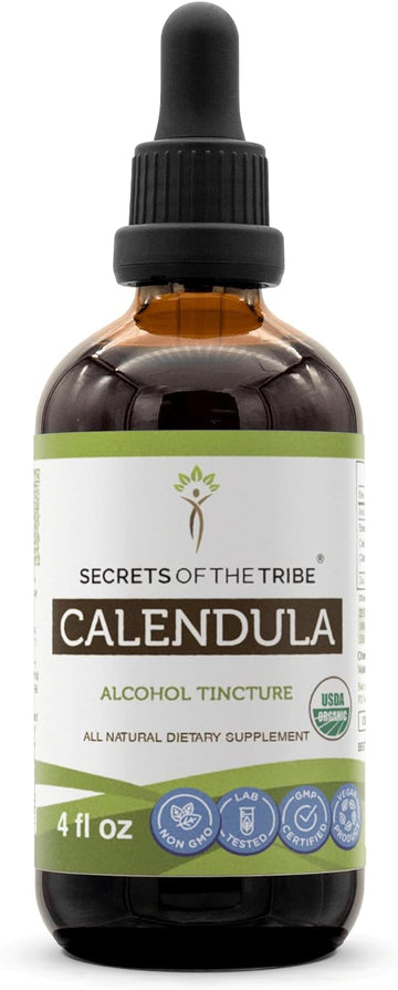 Secrets of the Tribe Calendula Tincture Alcohol Extract, USDA Organic Calendula (Calendula Officinalis) Dried Flower Tincture Supplement (4 FL OZ)