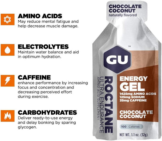 Gu Energy Roctane Ultra Endurance Energy Gel, Vegan, Gluten-Free, Kosher, And Dairy-Free On-The-Go Sports Nutrition For Running, Biking, Hiking Or Skiing, Chocolate Coconut,24-Count