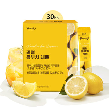 Funeat Real Kombucha Lemon Flavor, Zero Sugar, Sparkling Fermented Powered Mix Beverage From Korea, 30 Sticks, 5 Ounce