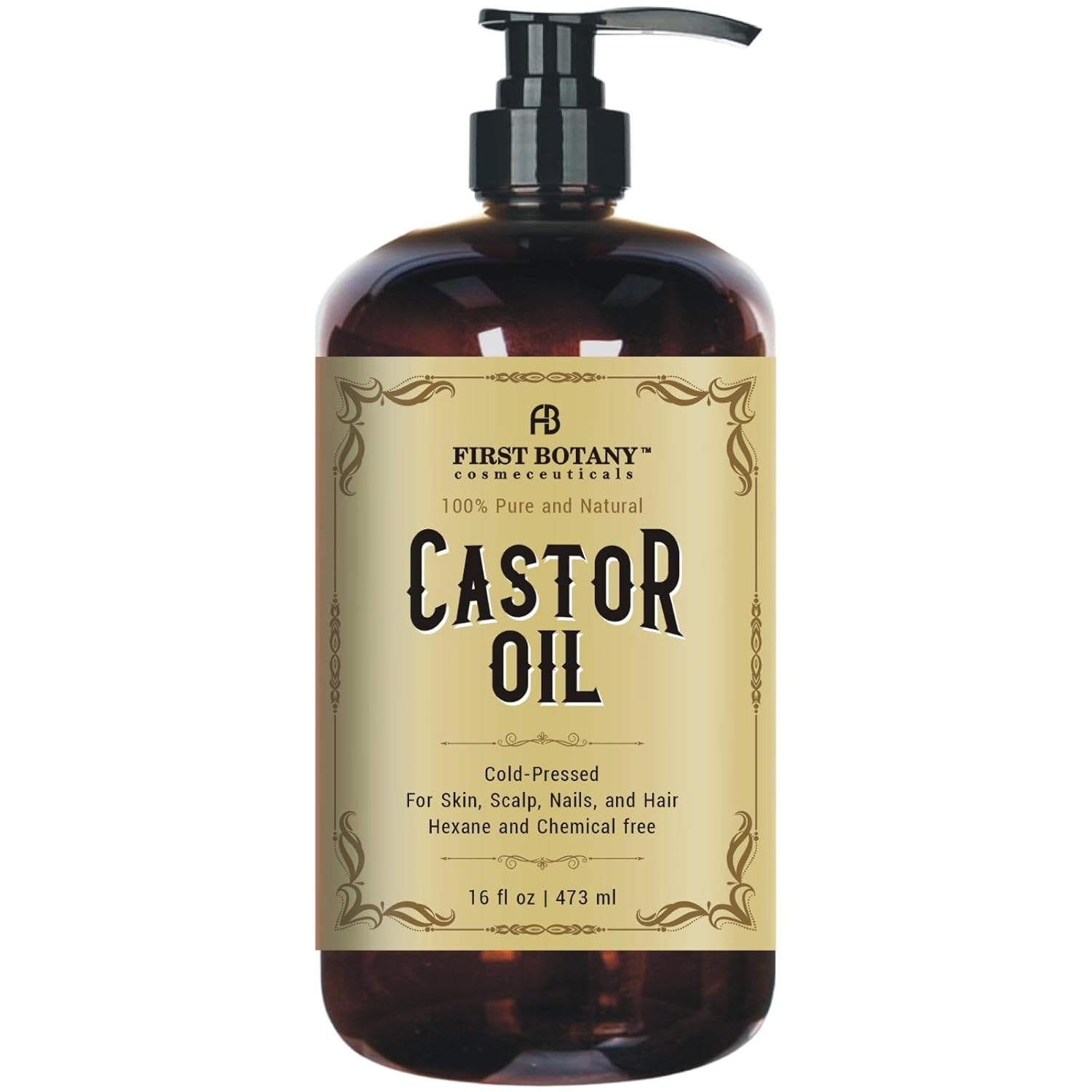 First Botany Castor Oil 16 Fl Oz - The Best Emollient For Skin, Hair & Nail Care - Can Be Used As Hair Growth Serum, Face & Body Moisturizer, Eyebrow Serum And Eyelash Serum