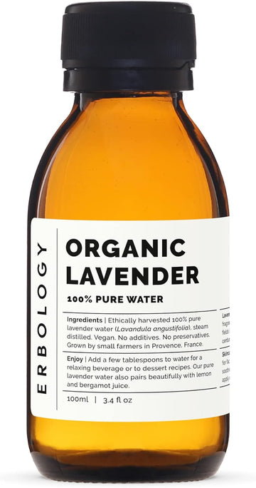 Erbology Organic Lavender Water 100ml - Premium Food Grade Hydrolate of Lavender - Tone, Calm & Destress - Small Batch - Sustainably Sourced Straight from Farm in Provence, France