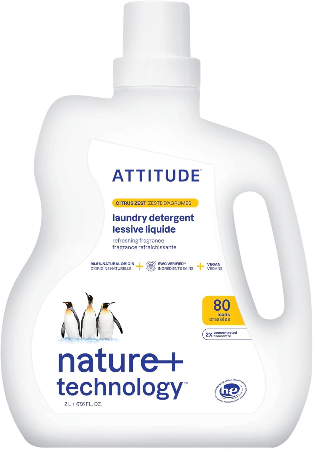 Attitude Liquid Laundry Detergent, Ewg Verified Laundry Soap, He Compatible, Vegan And Plant Based Products, Cruelty-Free, Citrus Zest, 80 Loads, 67.6 Fl Oz