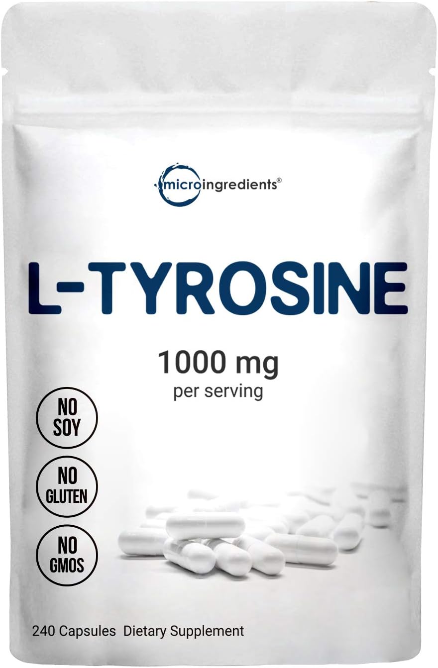 Micro Ingredients Plant Based L Tyrosine Pills, 1000mg Per Serving, 240 Capsules, Premium Tyrosine Pre Workout Supplement, Supports Mental Alertness Neurotransmitter, Non-GMO and Easy to Swallow