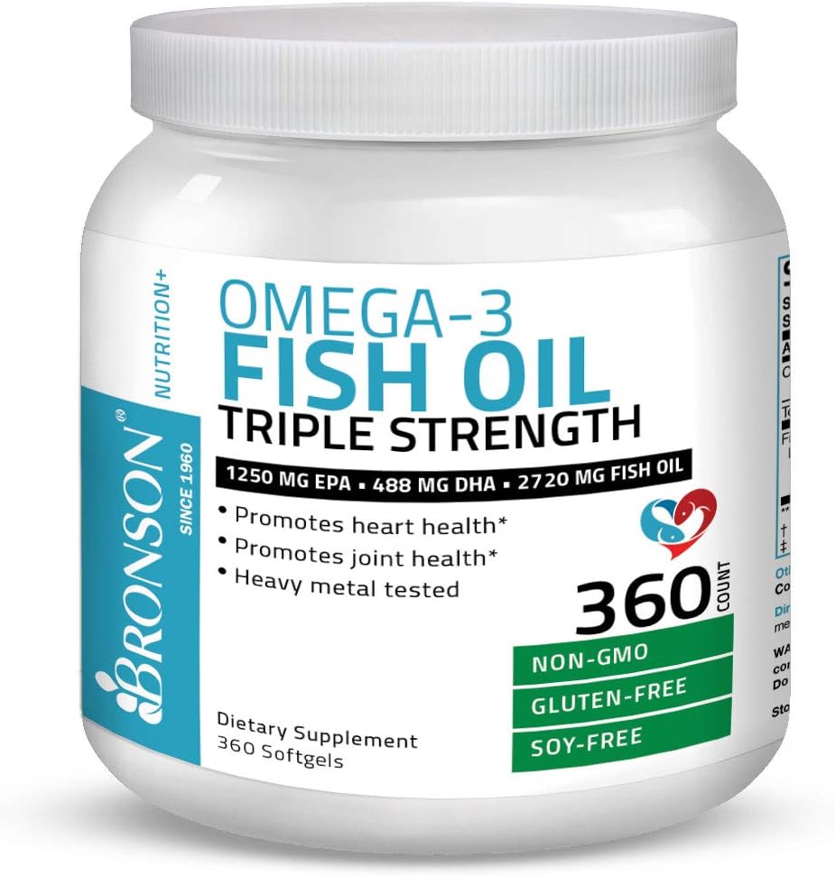 Bronson Omega 3 Fish Oil Triple Strength 2720 mg, High EPA 1250 mg DHA 488 mg, Non-GMO Heavy Metal Tested, 360 Softgels : Health & Household