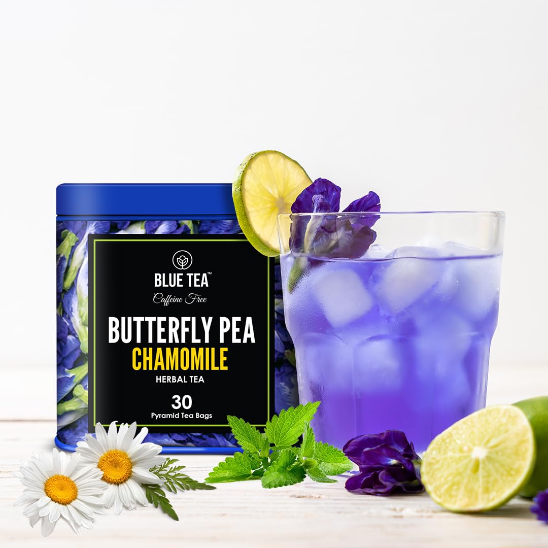 Blue Tea - Butterfly Pea Flower Tea - Chamomile - 30 Count - Plant Based Tea Bag | Super Anti-Oxidant | Caffeine Free - Flower Based - Calming Tea - Non-Bitter - Vegan - Non-Gmo | Tin Packaging