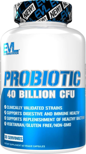 Evlution Nutrition Probiotic - 60 Probiotic Veggie Capsules - 40 Billion Cfus Per Serving - Easy To Swallow Probiotic Supplement