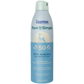 Coppertone Pure And Simple Zinc Oxide Mineral Sunscreen Spray Spf 50, Water Resistant, Broad Spectrum Spf 50 Sunscreen For Sensitive Skin, 5 Oz Spray