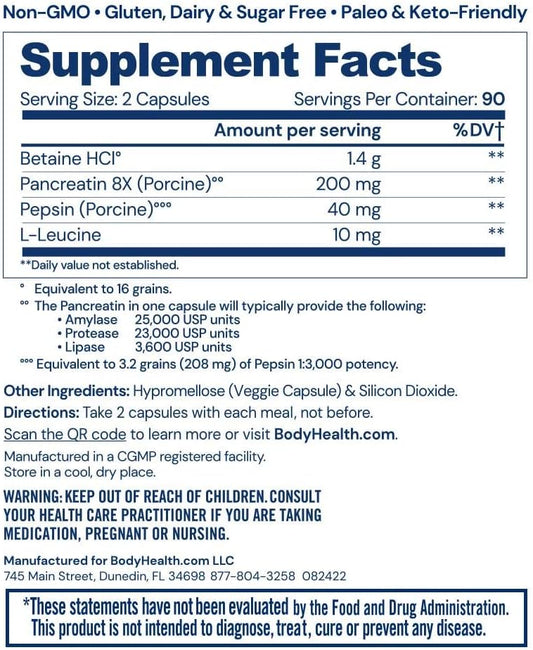 Bodyhealth Digestive Enzymes Full Spectrum Digestive Support (180 Caps), Betaine, Pepsin, Pancreatin Bpp Loaded With Enzymes And Probiotics, Relief For Stomach Bloating, Heartburn, Gas, Constipation