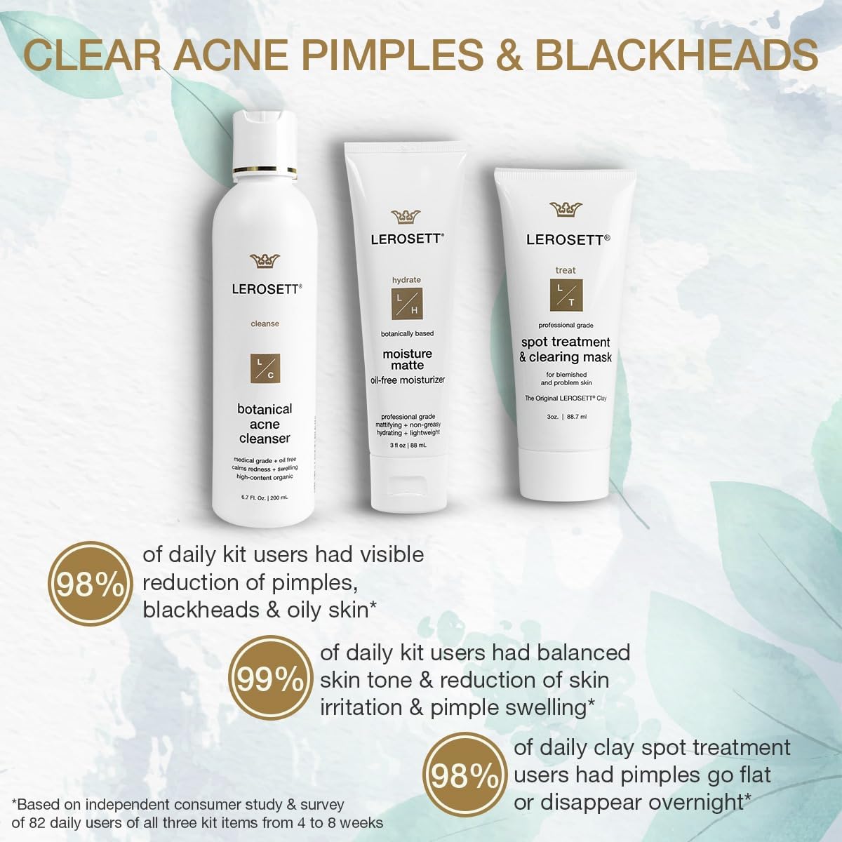 Lerosett Acne Kit Includes Cleanser Moisturizer & Spot Treatment Mask Organic Calming Aloe & Clay Based, Clears Acne, Pimples, Blackheads & Breakouts, Vegan Acne Kit, For All Skin Types : Beauty & Personal Care