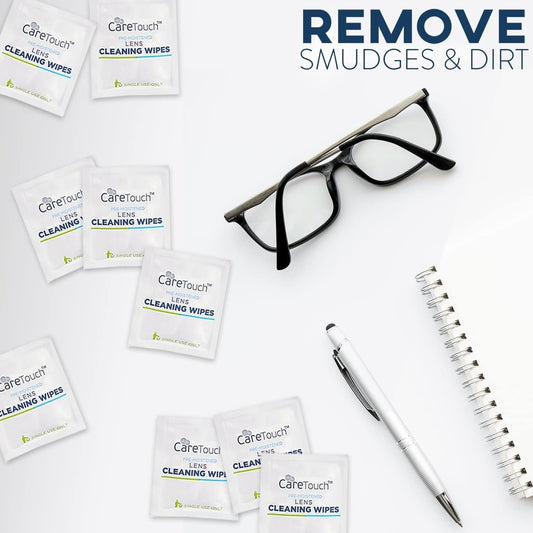 Care Touch Lens Wipes For Eyeglasses | Individually Wrapped Eye Glasses Wipes | 100 Pre-Moistened Lens Cleaning Eyeglass Wipes