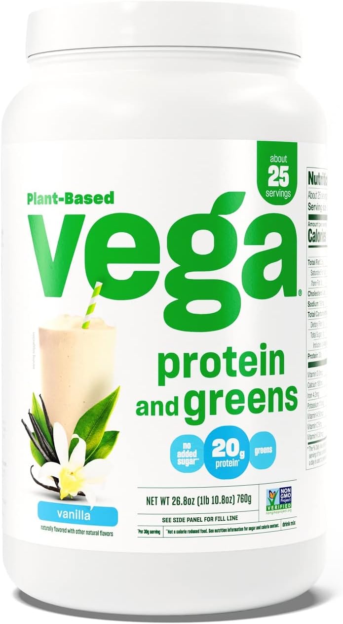 Vega Protein And Greens Protein Powder, Vanilla - 20G Plant Based Protein Plus Veggies, Vegan, Non Gmo, Pea Protein For Women And Men, 1.7 Lbs (Packaging May Vary)