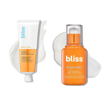 Bliss Bright Idea Vitamin C + Tri-Peptide Brightening Serum - 1 Fl Oz - Hydrating Illuminating Face Cream With Peptides & Bliss Glow Rush Luminous Daily Brightening Moisturizer For Radiant Skin