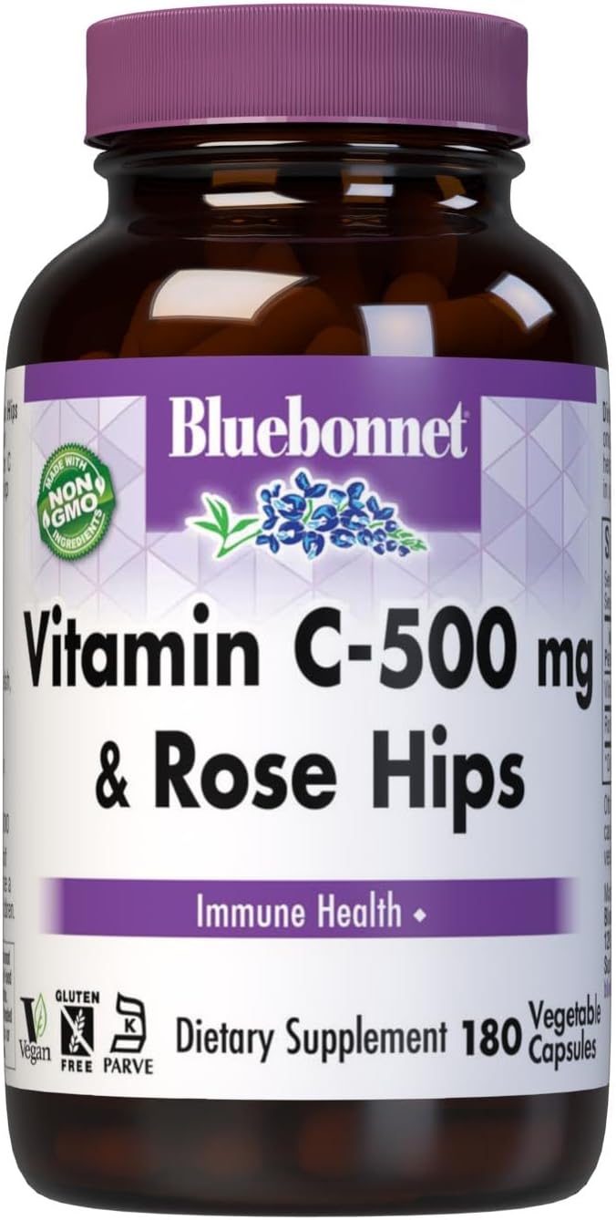 Bluebonnet Vitamin C 500 Mg Plus Rosehips Vegetable Capsules, 180 Count