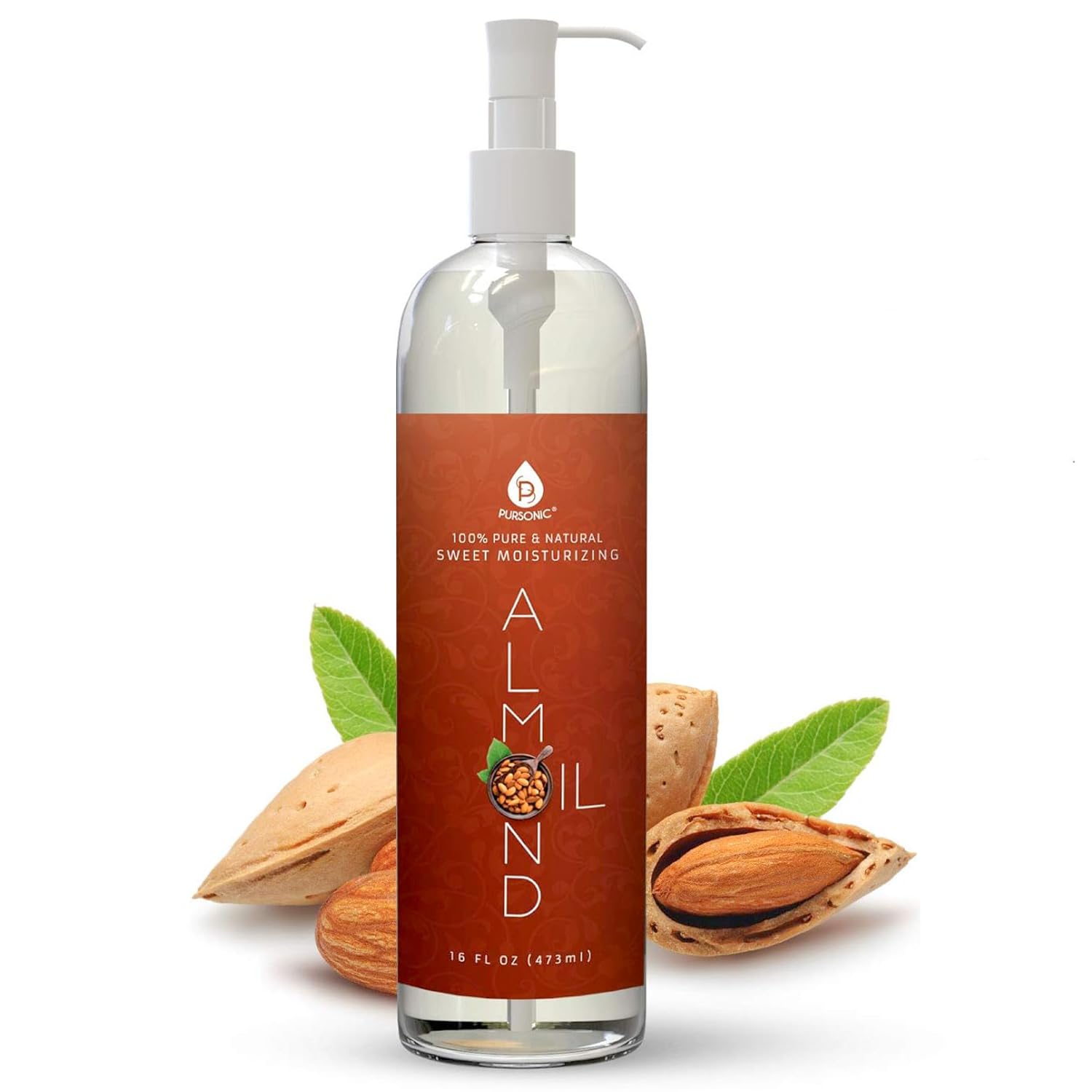 Pursonic 100% Natural Sweet Almond Oil For Skin – Nourishing Formula For Body & Hair Care, Aromatherapy, Moisturizing And Massage - Almond Essential Oil For Glowing Skin & Healthy Hair