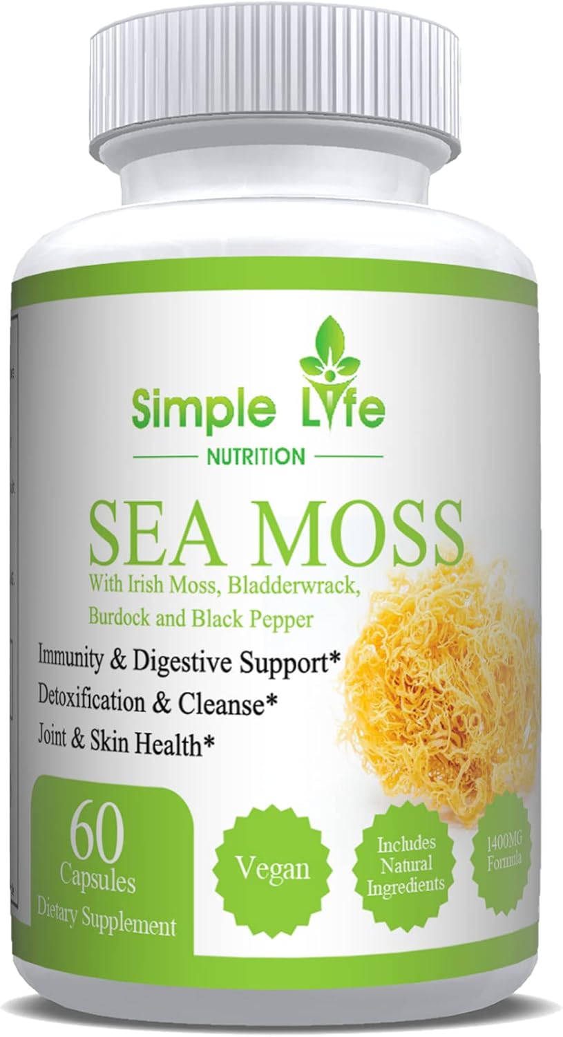 Organic Irish Sea Moss Capsules 1400Mg - Advanced With Burdock Root, Bladderwrack & Black Pepper - Immune System, Gut & Thyroid Cleanser Sea Moss Gel Powder Supplement - 60Ct