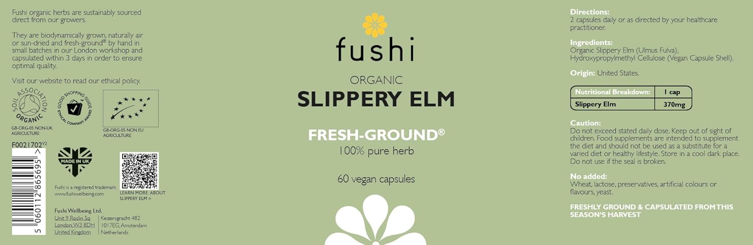 Fushi 90142 Organic Slippery Elm Capsules, 60 Caps Fresh-Ground Whole Food Soothing & Healing Action Supports Stomach Indigenously Sourced Ethical & Vegan : Amazon.co.uk: Health & Personal Care