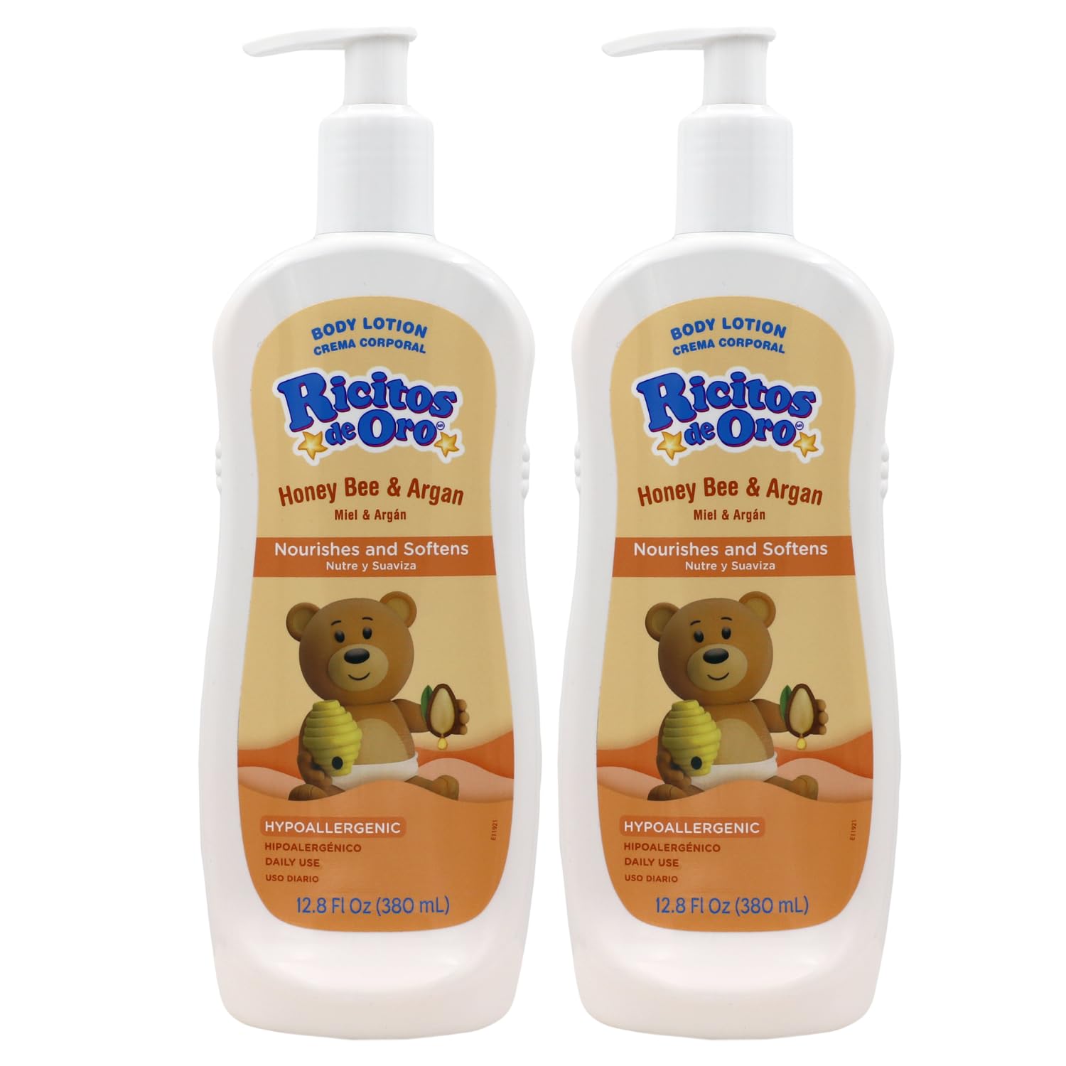 Ricitos de Oro Honey and Argan Baby Body Lotion That Helps Smooth Baby Skin -Hypoallergenic with Honey Bee Extract Delicious Scent, 2-Pack of 12.8 FL Oz Each, 2 Bottles