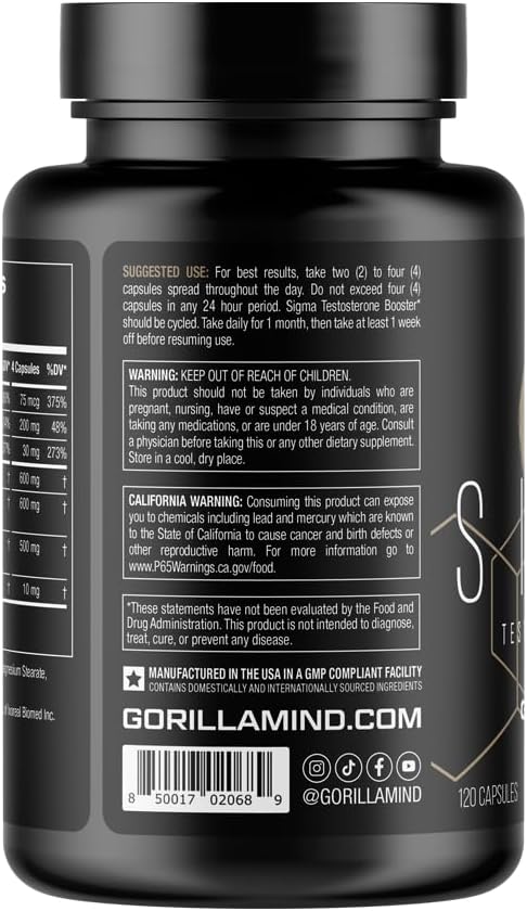 Gorilla Mind Sigma Testosterone Booster - Made with Tongkat Ali and Fadogia Agrestis Extract to Support Higher Testosterone Level (120 Capsules)