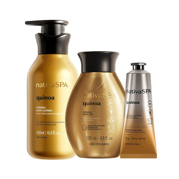 Nativa Spa Quinoa Trio Bundle: Hydrating Body Lotion (13.5 Oz), Body Oil (6.8 Oz) & Hand Cream (2.6 Oz)
