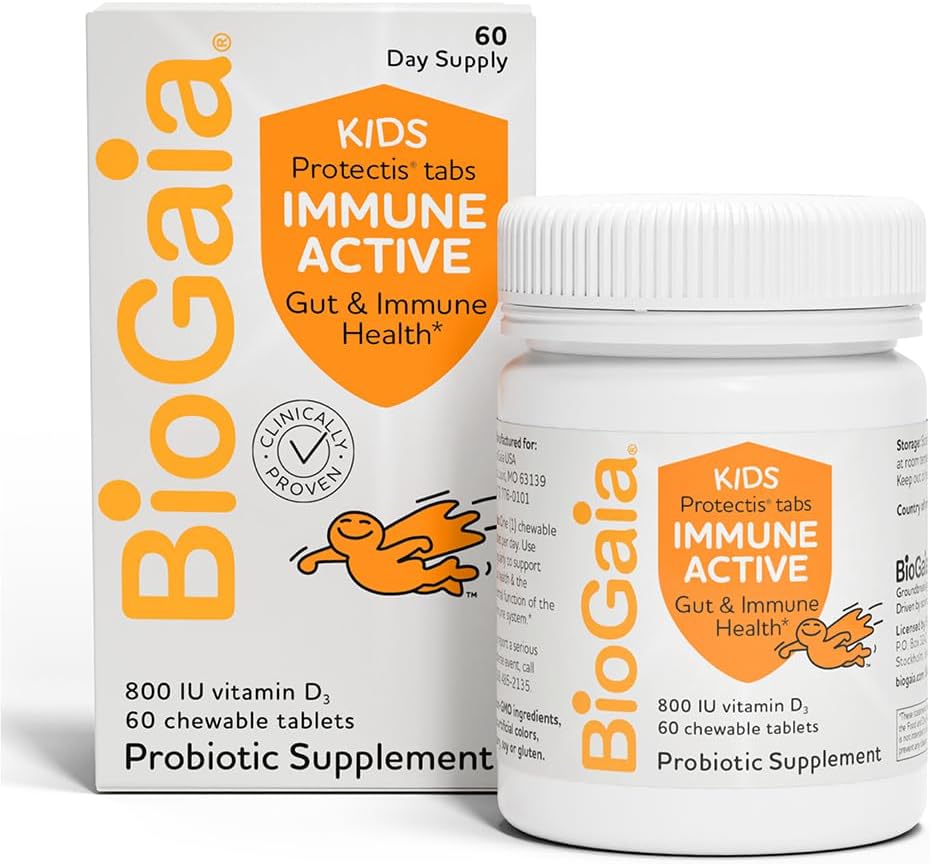 Biogaia Immune Active Kids | Probiotic + Vitamin D | For Digestive & Immune Health | Ages 3+ | Allergen, Dairy, Soy & Gluten Free | Trusted By Pediatricians | 60 Day Supply | Orange Flavored Chewable