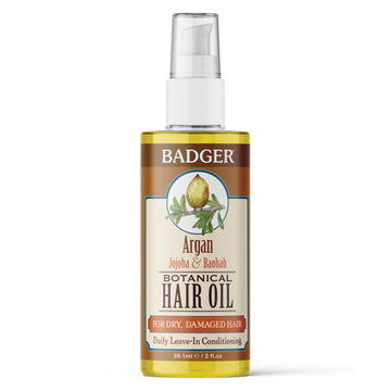 Badger - Argan Hair Oil W/Jojoba & Baobab, Moroccan Argan Oil Treatment For Dry Damaged Or Frizzy Hair, Leave-In Conditioner, Organic Strengthening Moisturizer. 2 Fl Oz