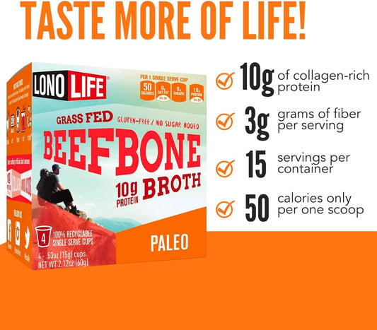 Lonolife Beef Bone Broth Powder Mix | Grass-Fed, 10G Protein | Collagen-Rich, Keto & Paleo Friendly | Natural Ingredients | 10 Single-Serve Cups