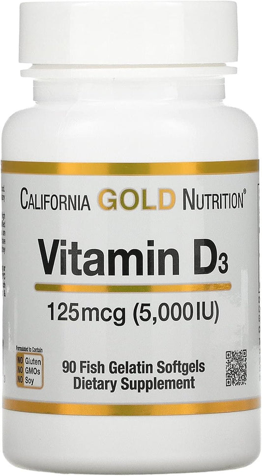 Vitamin D3 Supplement By California Gold Nutrition - Support For Healthy Bones & Teeth - Immune System Support - Gluten Free, Non-Gmo - 125 Mcg (5,000 Iu) - 2 Pack Of 90 Fish Gelatin Softgels Each