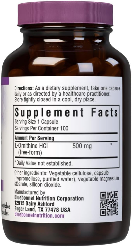 Bluebonnet Nutrition L-Ornithine 500Mg, Free-Form Amino Acid, For Healthy Protein Metabolism*, Soy-Free, Gluten-Free, Non-Gmo, Kosher Certified, Vegan, 100 Vegetable Capsules, 100 Servings