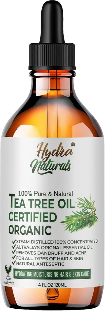 Hydra Naturals Pure Australian Tea Tree Essential Oil 120Ml | For Skin, Nail Fungus, Face, Hair, Acne, Piercings, Head Lice | Diffuser Oil For Home, Candle & Soap Making | Vegan