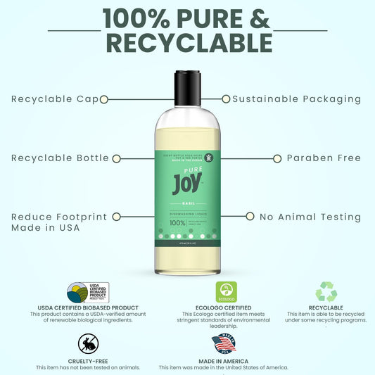 JOY Pure Natural Liquid Dish Soap | Biodegradable Formula | Basil Scent | 16 fl. oz - Pack of 3, Bundled With 2 Erase Pads (Basil)