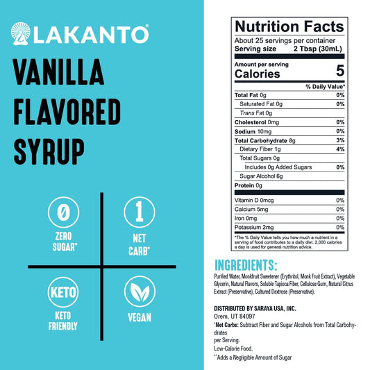 Lakanto Sugar Free Simple Flavoring Syrup - Sweetened with Monk Fruit Sweetener, Coffee, Cocktails, Snow Cones, Sodas, Drinks, Keto Diet Friendly, 1g Net Carb, Vegan (Vanilla - 25.4 fl oz)