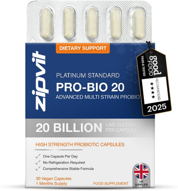 Zipvit Pro Bio 20 Billion Cfu Probiotics For Gut Health, High Strength, 30 Vegan Probiotic Capsules For Men & Women, 3 Live Bacterial Cultures, Lactobacillus & Bifidobacterium Animalis