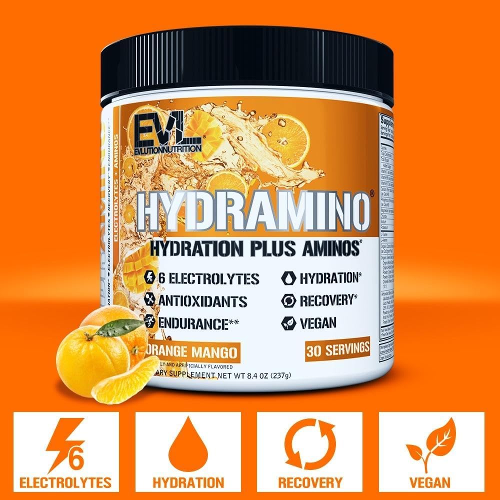 Evlution Nutrition HYDRAMINO Complete Hydration Multiplier, All 6 Electrolytes, Vitamin C & B, Fluid Boosting Aminos, Coconut Water, Endurance, Recovery, Antioxidants, 30 Serve, Orange Mango : Health & Household