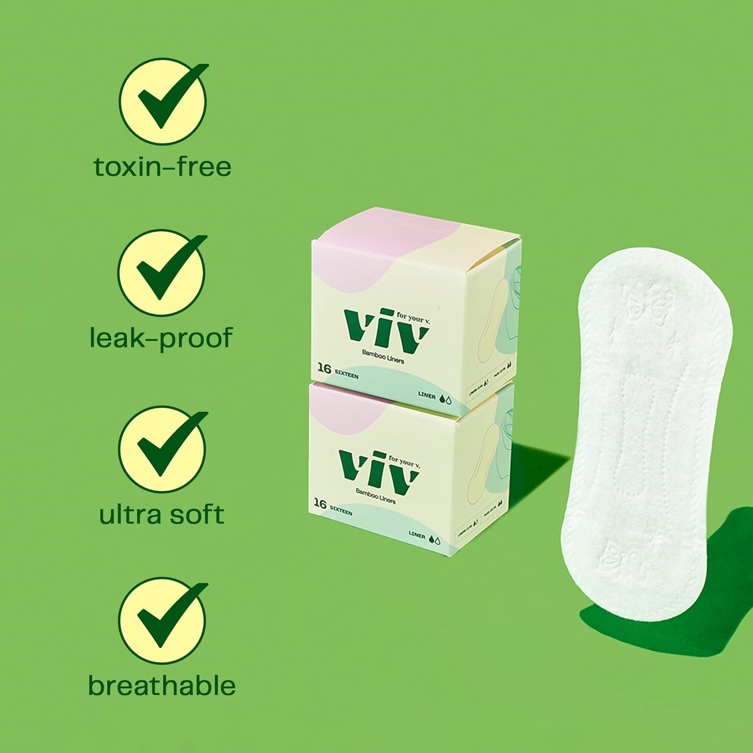 Viv for Your V Bamboo Liners | Biodegradable Menstrual Pads for Period & Leak Protection | Soft, Light, & Super Absorbent | Plastic, Dye, Fragrance, & Chemical Free | 16 Pack : Health & Household