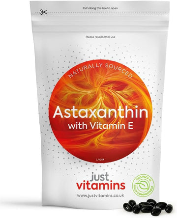 Premium Astaxanthin 4mg Supplement with Vitamin E, 60 Soft Gel Capsules. Natural Source from Haematococcus Pluvialis - Enhanced Absorption in Virgin Olive Oil. UK Made by Just Vitamins