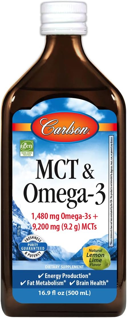Carlson - MCT & Omega-3, 1480 mg Omega-3s, 9200 mg MCTs, Keto-Friendly, Caprylic & Capric Acids, Energy Production, Fat Metabolism, Lemon-Lime, 500 mL (16.9 Fl Oz)