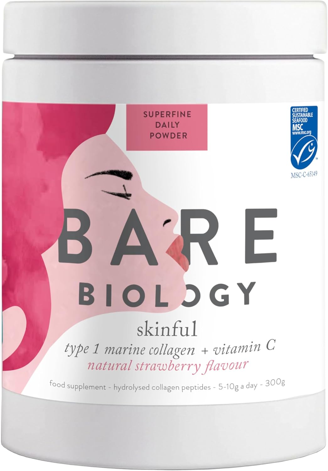 Bare Biology Collagen Powder + Vitamin C, 300G/60 Servings, Strawberry Flavour - Skinful Pure Marine Collagen For Skin, Muscles, Hair, Nails, Joints & Bones - Super Strength Type 1 Peptides