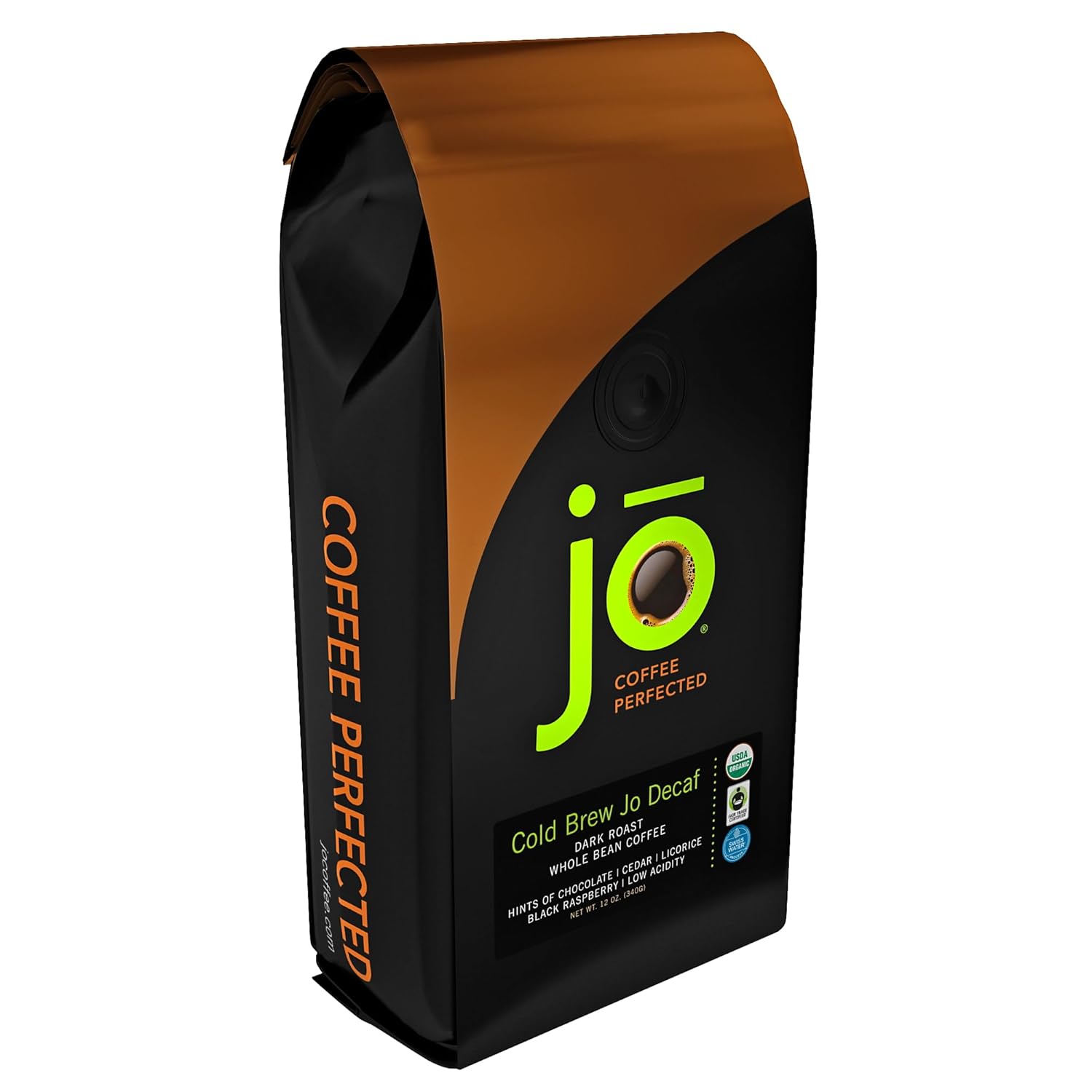 Cold Brew Jo Decaf: 12 Oz. Whole Bean Usda Organic Decaf Coffee, Dark French Roast, Swiss Water Process, Soft Velvety Texture, Low Acidity, Fair Trade Certified, Gluten Free, Non-Gmo, Chemical Free